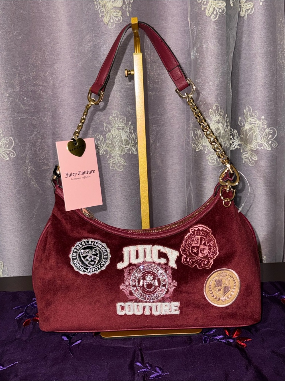 NWT Juicy Couture Cranberry Varsity Velour Shoulder Bag